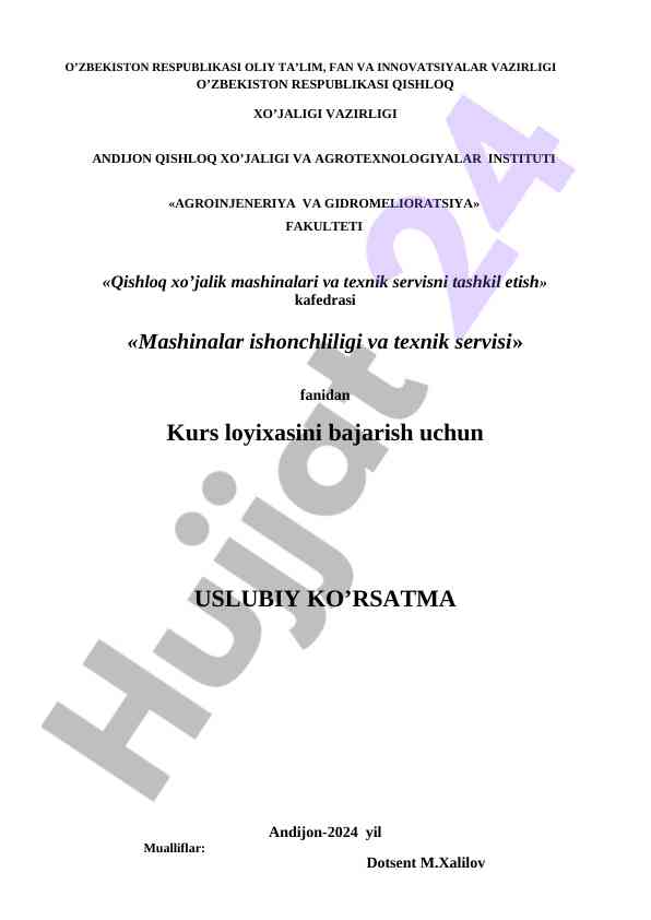 Mashinalar ishonchliligi va texnik servisi kurs loyihasi
