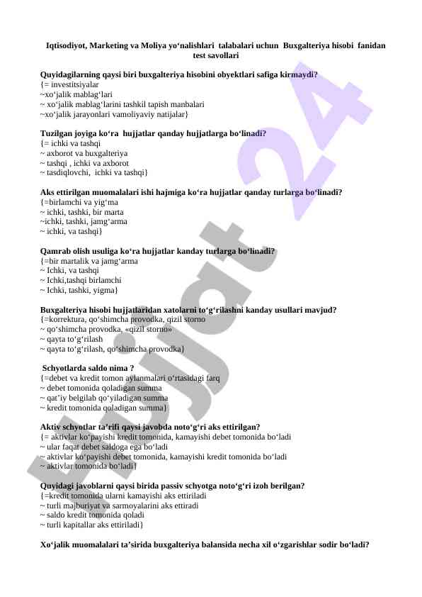 Buxgalteriya hisobi fanidan test savollari