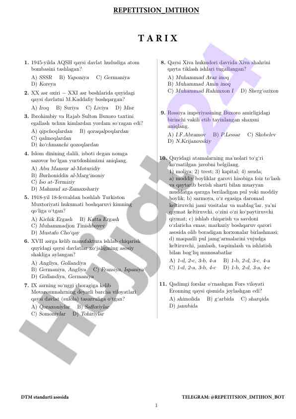 O‘zbekiston tarixi bo‘yicha sanoq test savollari