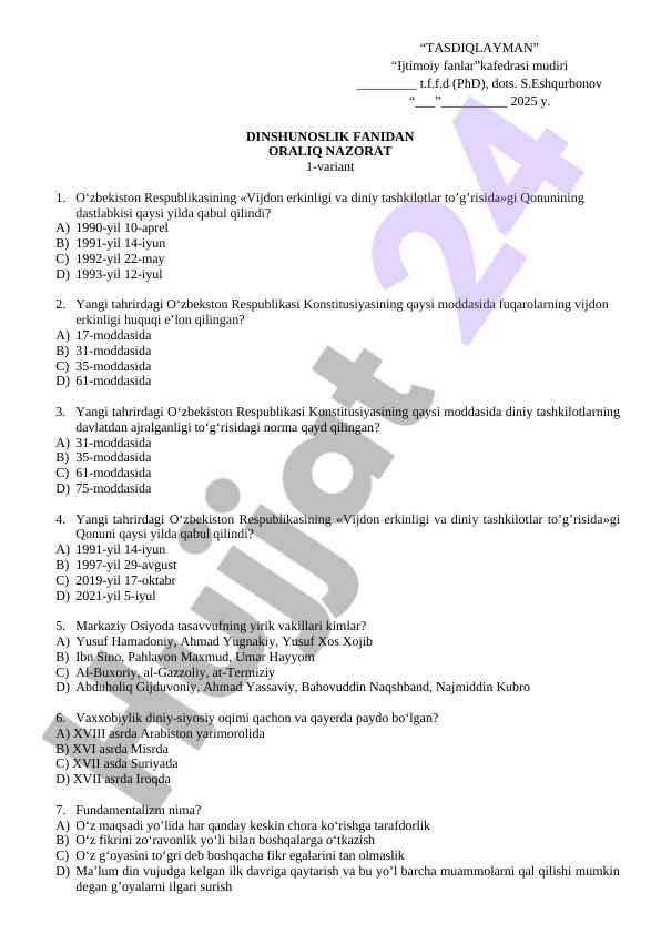 Dinshunoslik fanidan oralıq nazorat savollari