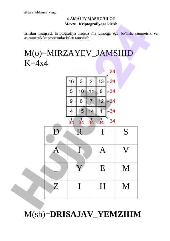 Kriptografiyaga kirish amaliy mashg’uloti