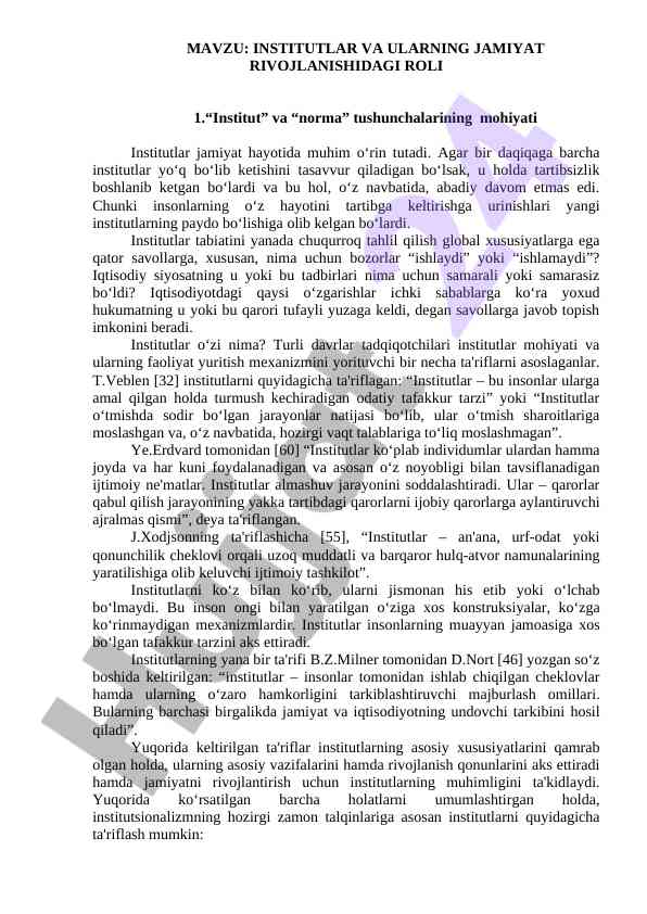 Institutlar va ularning jamiyat rivojlanishidagi roli
