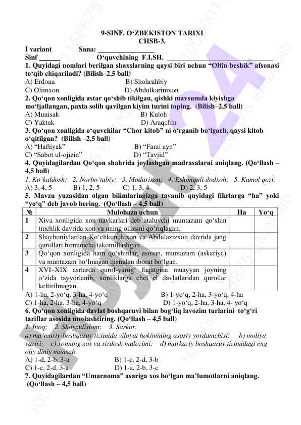 O‘zbekiston tarixi 9-sinf test varianti