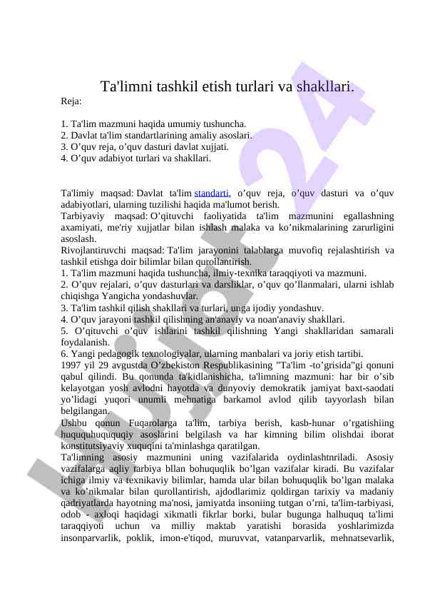 Ta'limni Tashkil Etish Turlari Va Shakllari