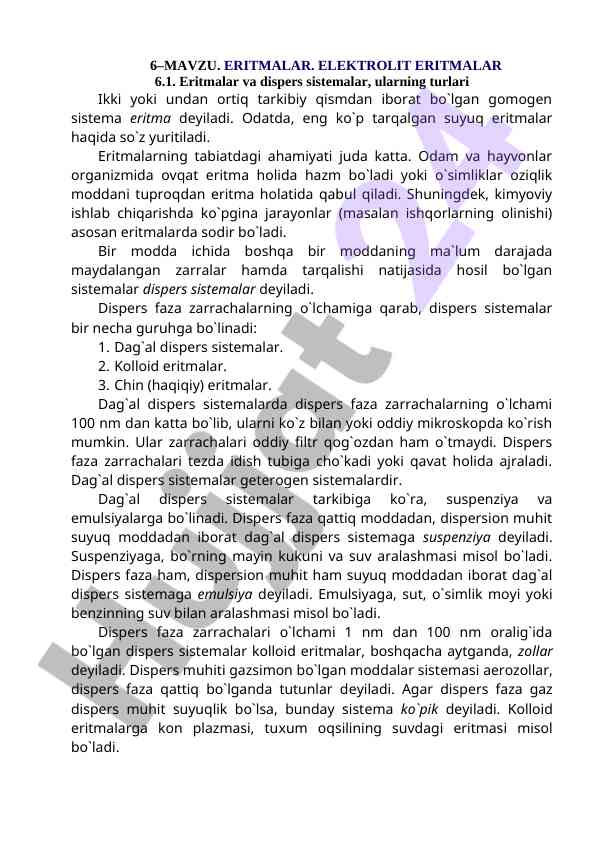 Eritmalar va dispеrs sistеmalar turlari