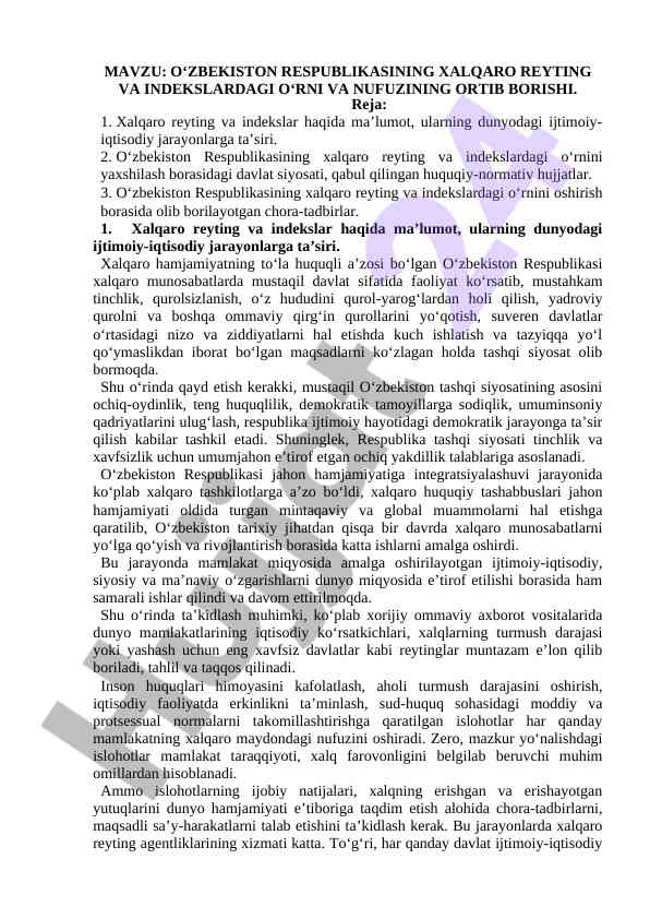 O‘zbekiston respublikasining xalqaro reytingdagi o‘rni