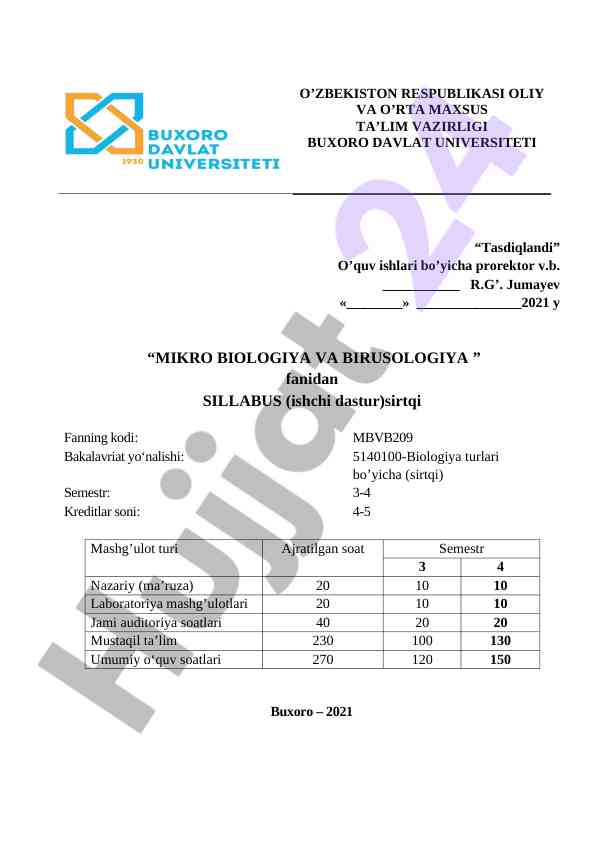 Mikrobiologiya va virusologiya fanidan sillabus