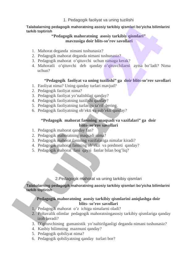 Pedagogik faoliyat va uning tuzilishi haqida so'rovlar