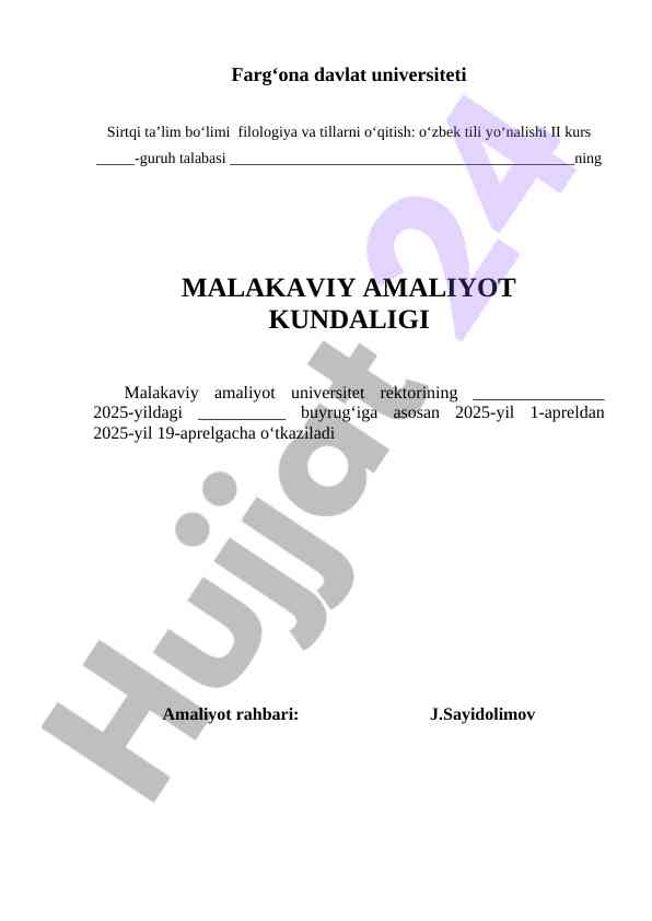 Malakaviy amaliyot kundaligi o‘zbek tili yo‘nalishi