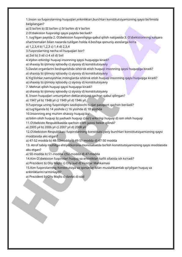 Inson huquqlari bo‘yicha test savollari