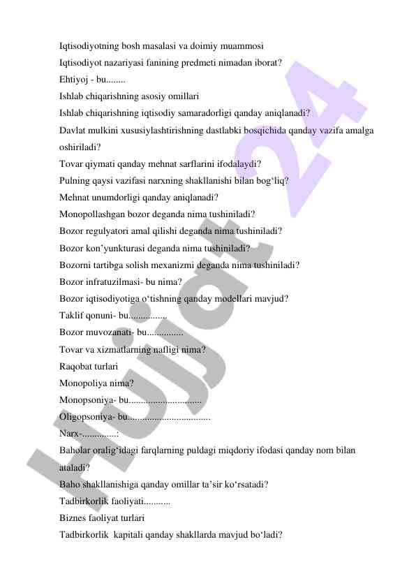 Iqtisodiyot nazariyasi va asosiy muammolar
