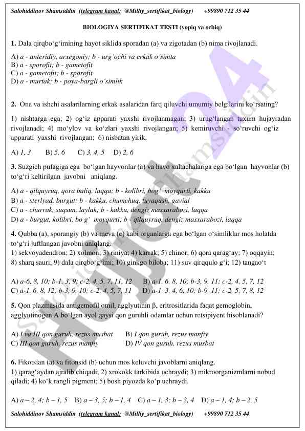Biologiya sertifikat testi savollari