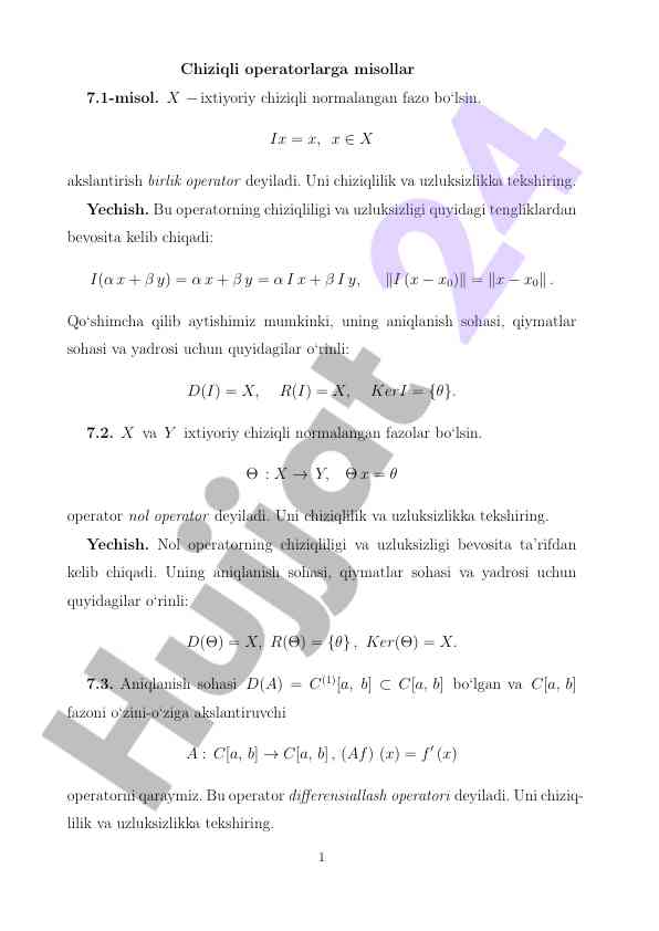 Chiziqli operatorlarga misollar va diﬀerensiallash