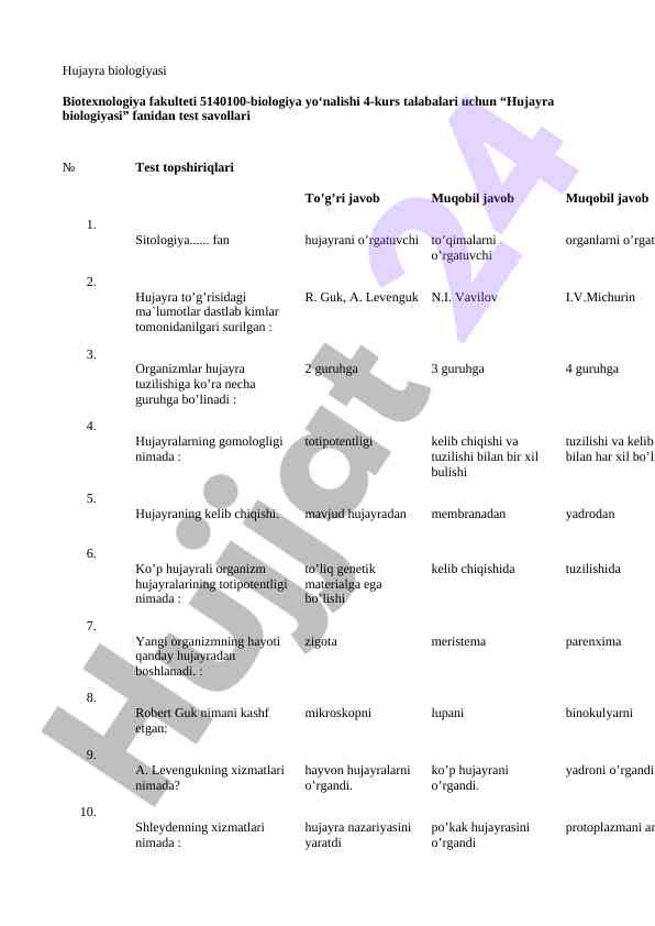 Hujayra biologiyasi test savollari 4-kurs talabalari uchun
