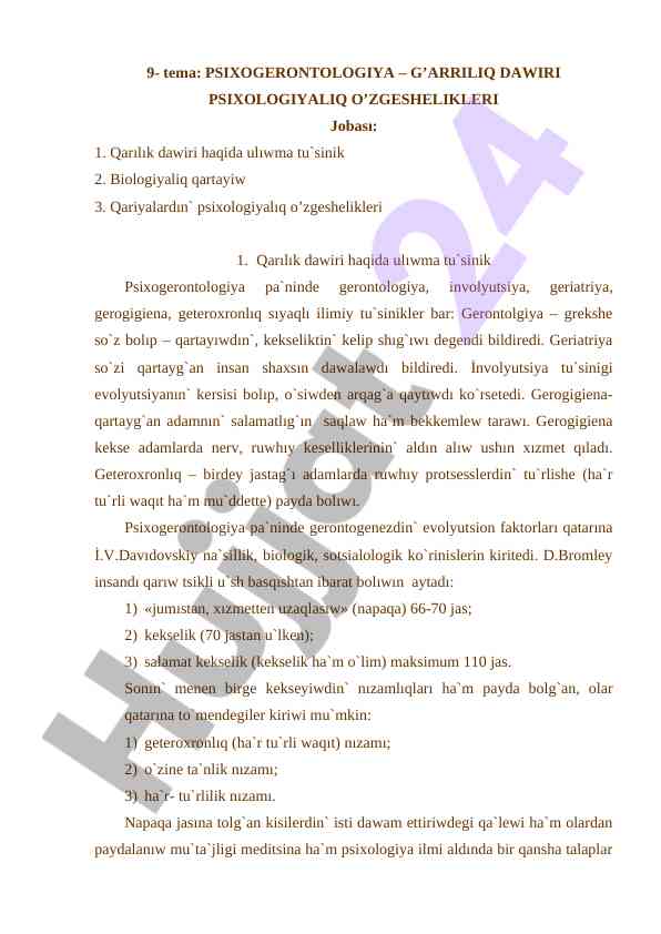 Psixogerontologiya G'arriliq Dawiri Psixologiyaliq O'zgeshelikleri