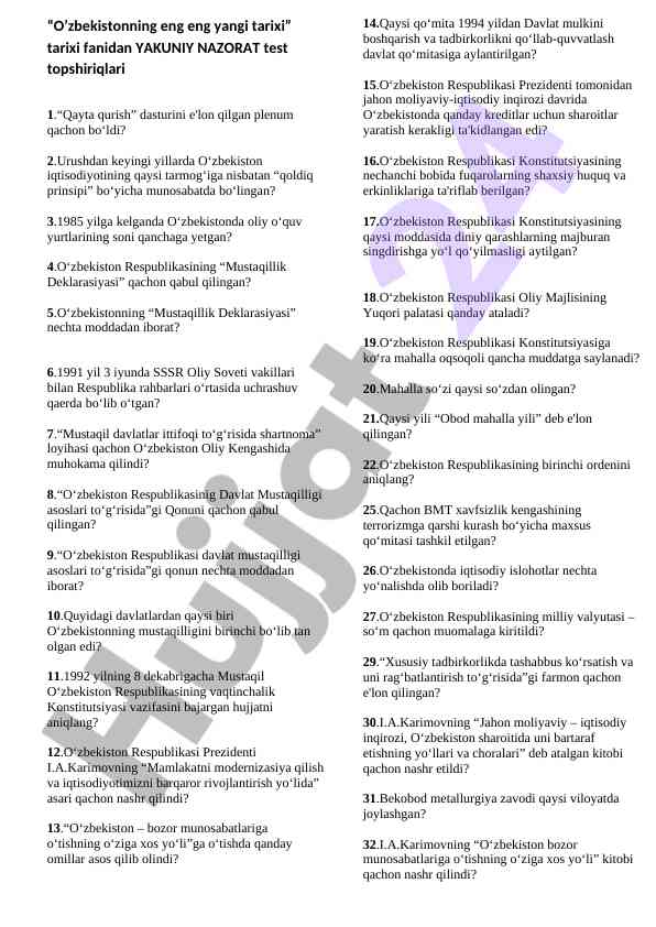 Mustaqillik tarixi fanidan yakuniy nazorat testlari