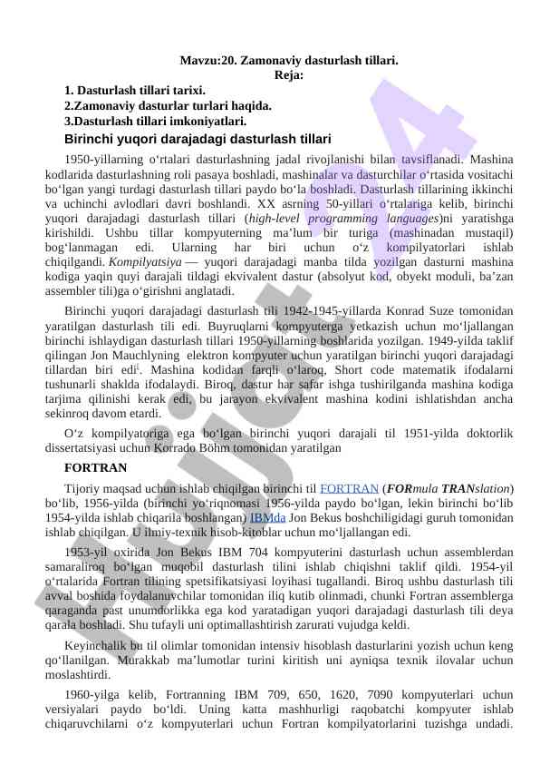 Zamonaviy dasturlash tillari tarixi va turlari