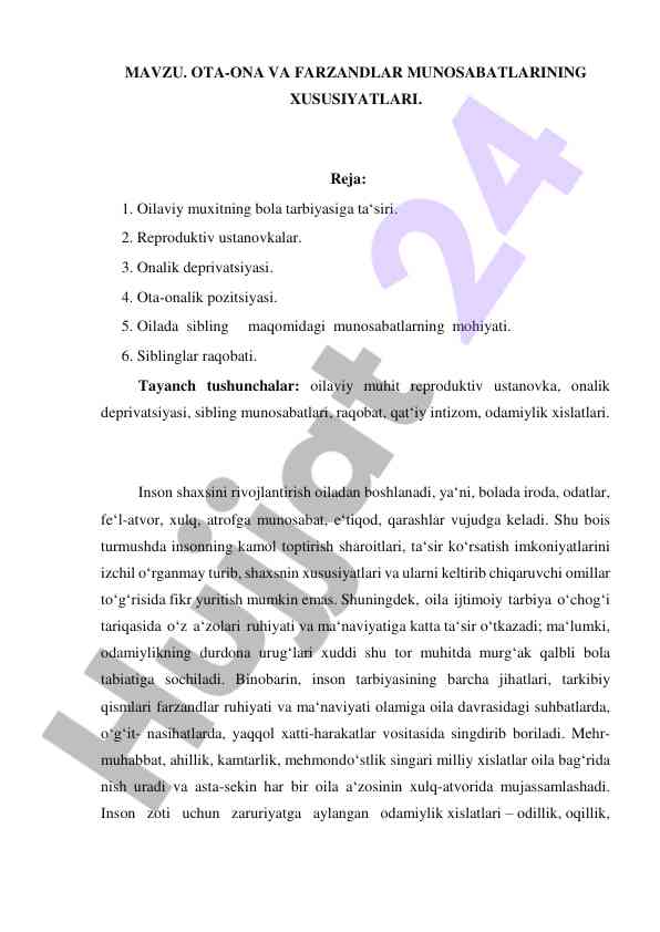 Ota-ona va farzandlar munosabatlarining xususiyatlari