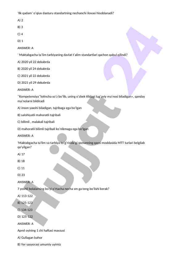 Maktabgacha ta'lim testlari savollari va javoblari