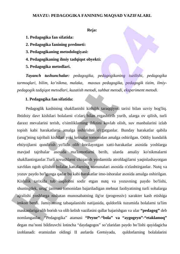 Pedagogika fanining maqsad vazifalari
