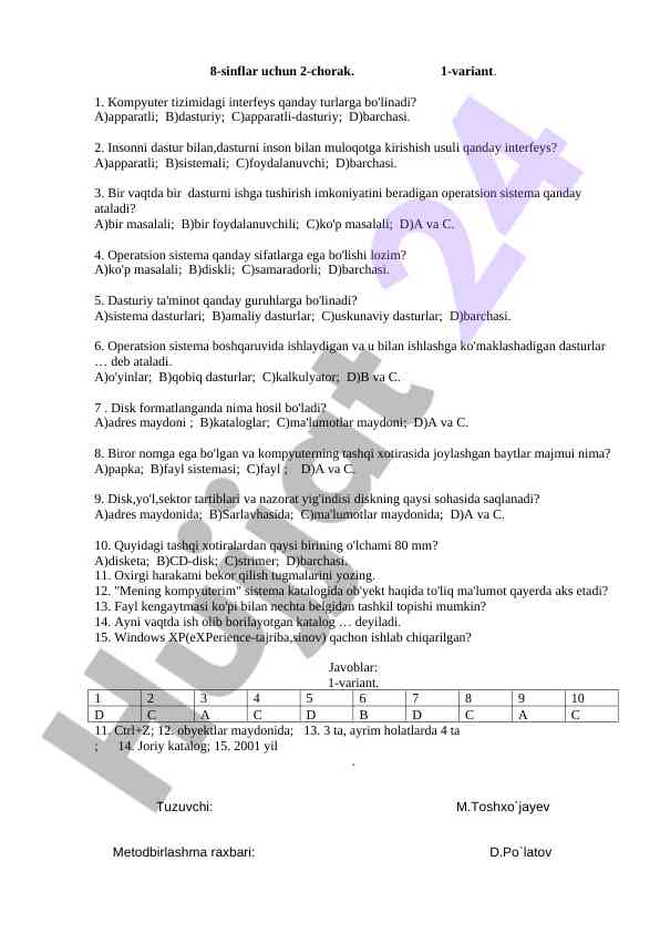 8-sinflar uchun kompyuter tizimi test varianti