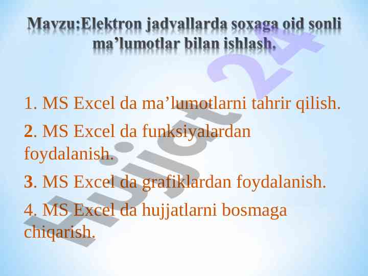 Ms excel da ma'lumotlarni tahrir qilish va formatlash