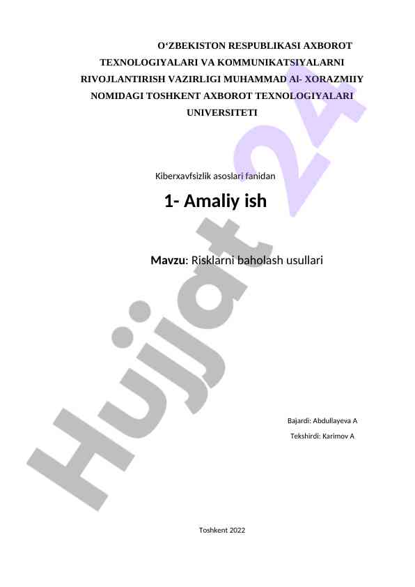 Kiberxavfsizlik asoslari xavflarni baholash usullari