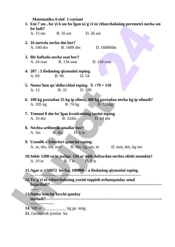 Matematika 4-sinf test savollari va masalalari