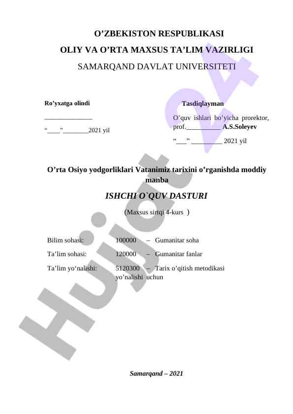 O’rta osiyo yodgorliklari fani ishchi o’quv dasturi