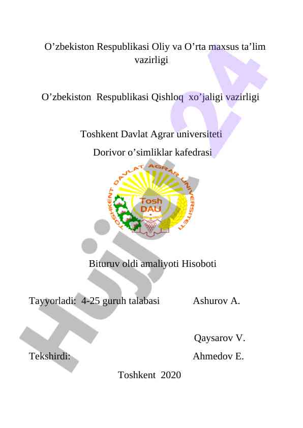 Dorivor o’simliklar kafedrasida amaliyot hisoboti