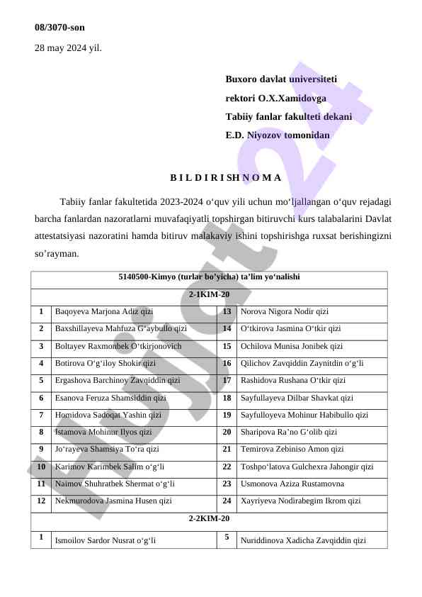 Tabiiy fanlar fakulteti bitiruvchilari davlat attestatsiyasi