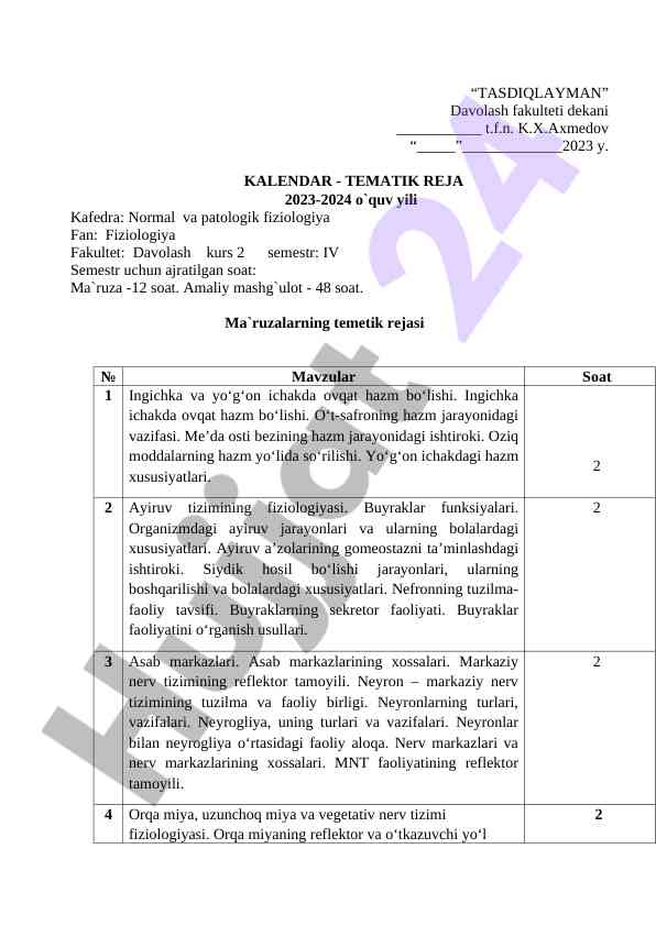 Fiziologiya kafedrasi tematik reja 2023-2024