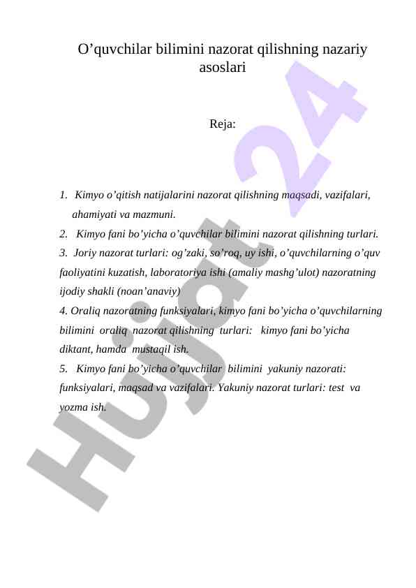 Kimyo o‘quvchilar bilimini nazorat qilish turlari