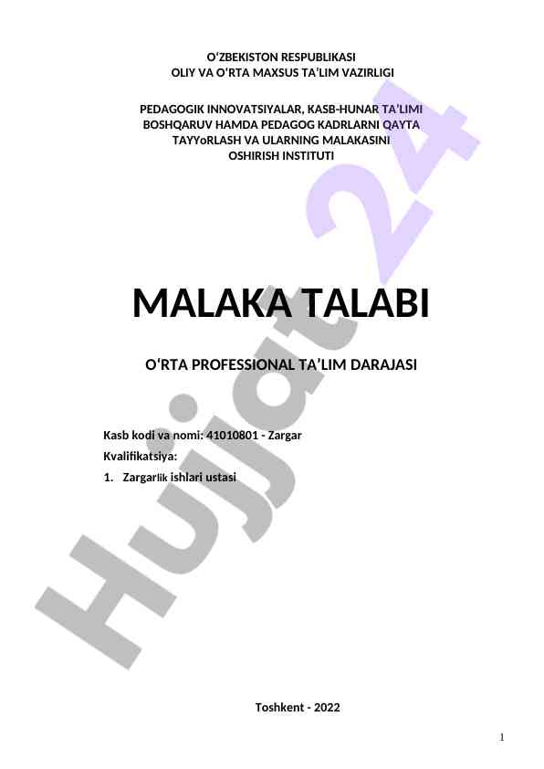 Zargarlik ishi ustasining malaka talabi 2022