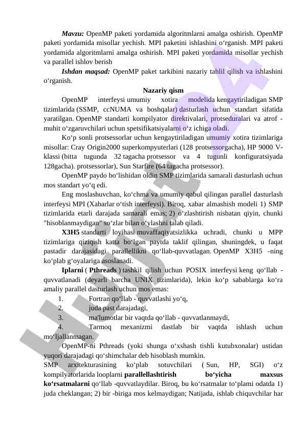Openmp paketida algoritmlar bilan ishlash