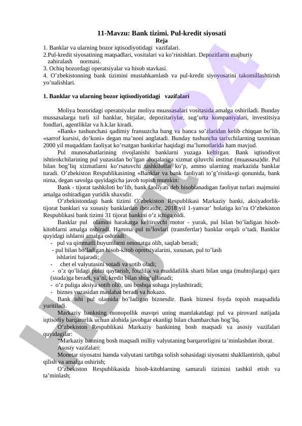 Bank tizimi va pul-kredit siyosati tahlili