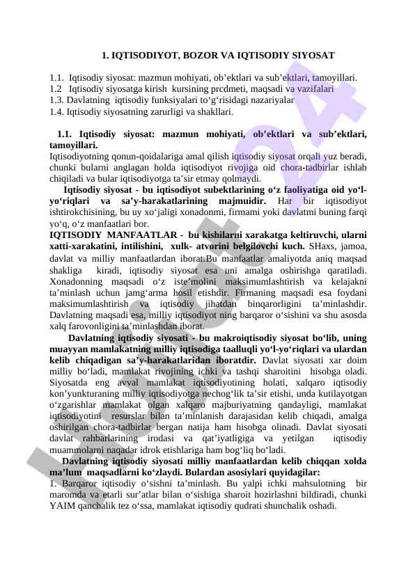 Iqtisodiy siyosat mollari va funksiyalari