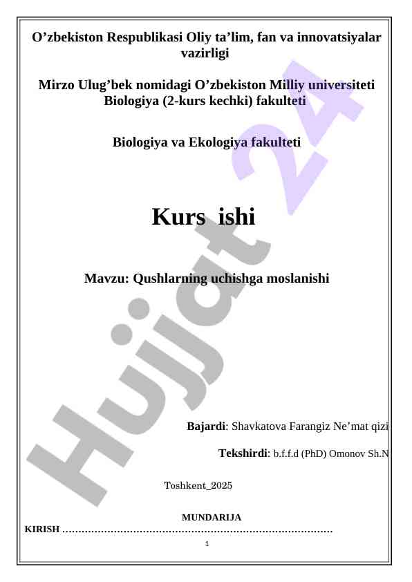 Qushlarning uchishga moslanishi kurs ishlari