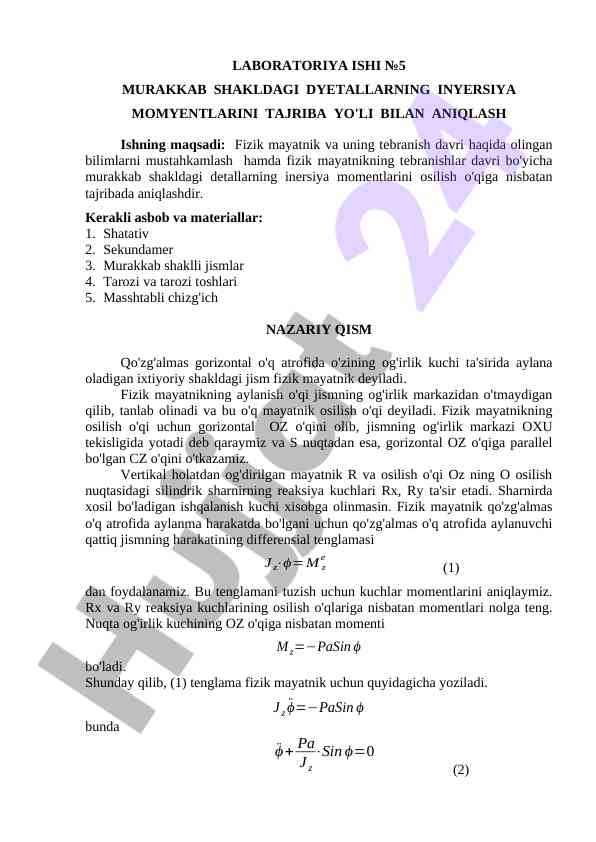 Murakkab shakldagi dyetallar inersiya momentlari