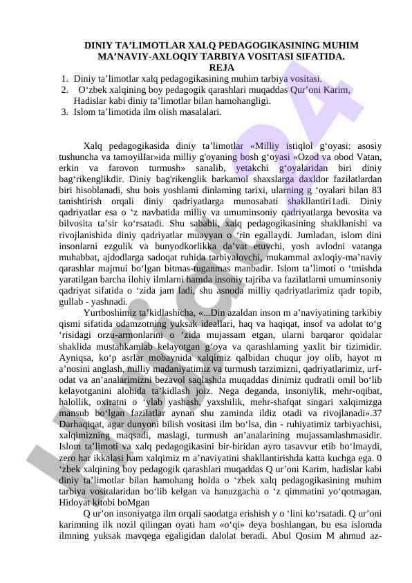 Diniy ta’limotlar xalq pedagogikasida muqaddas vositasi
