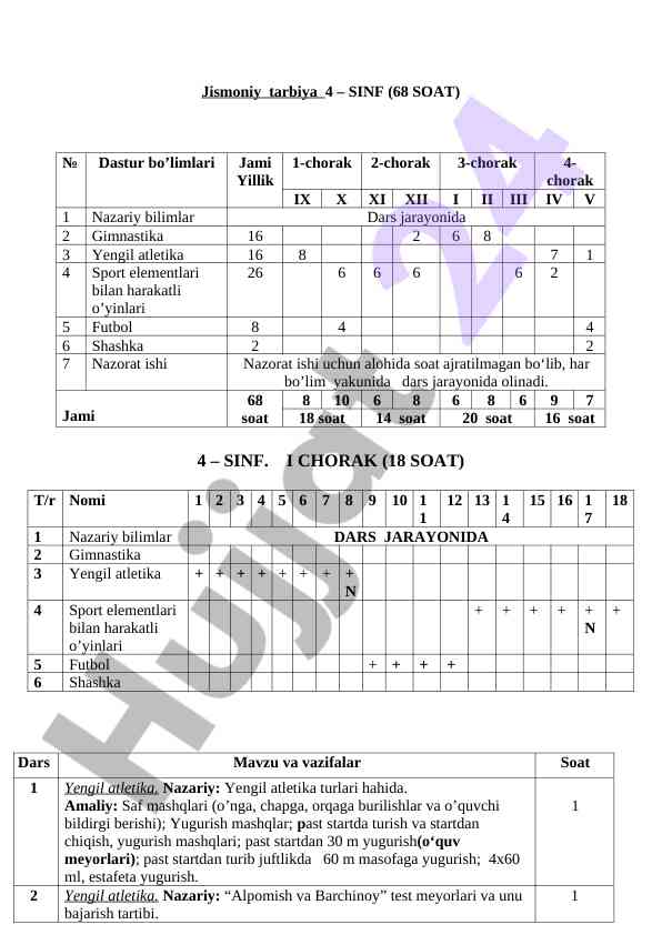 Jismoniy tarbiya dars rejalari 4-sinf uchun