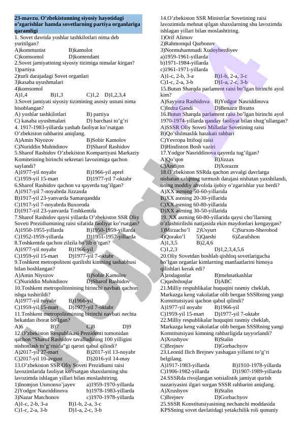 O‘zbekiston siyosiy hayoti test savollari