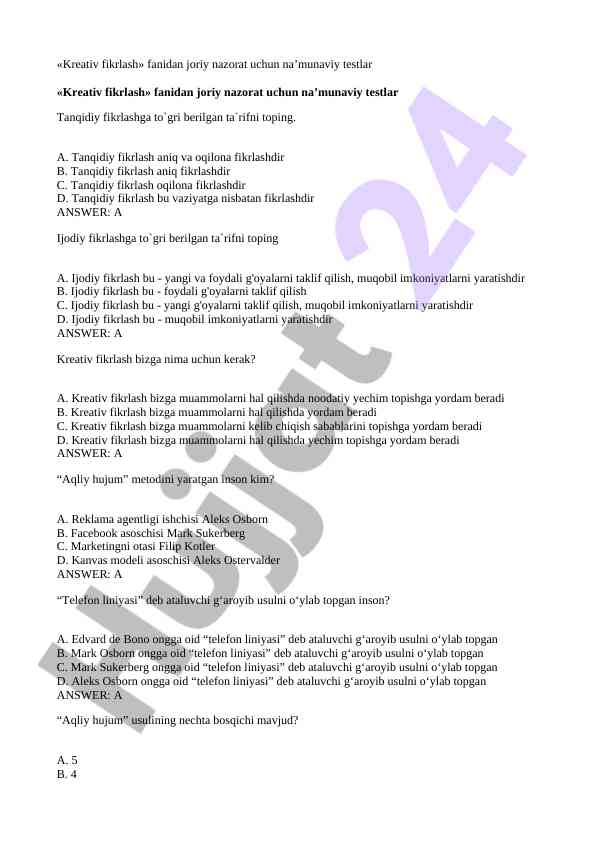 Kreativ fikrlash fanidan nazorat uchun testlar