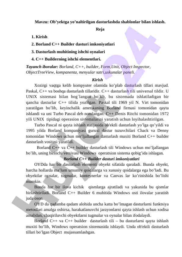 Ob’yektga yo’naltirilgan dasturlashda shablonlar: dars
