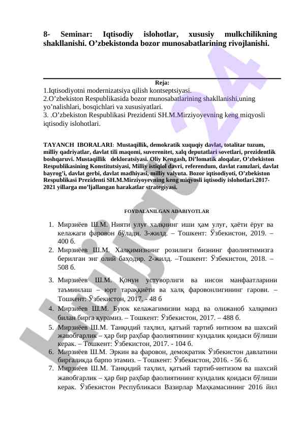 Iqtisodiy islohotlar va xususiy mulkchilik shakllanishi