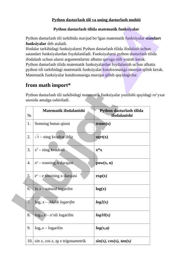 Python dasturlash tili va matematik funktsiyalar