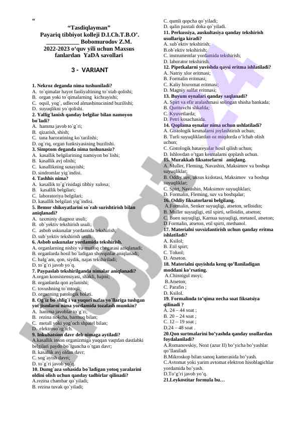 Maxsus fanlardan yda savollari 3 - variant 1