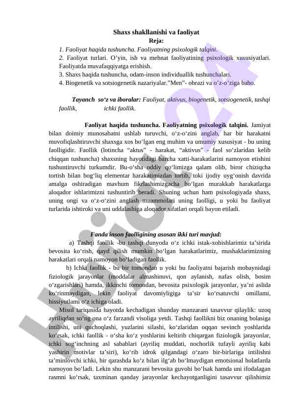 Shaxs shakllanishi va faoliyat psixologiyasi