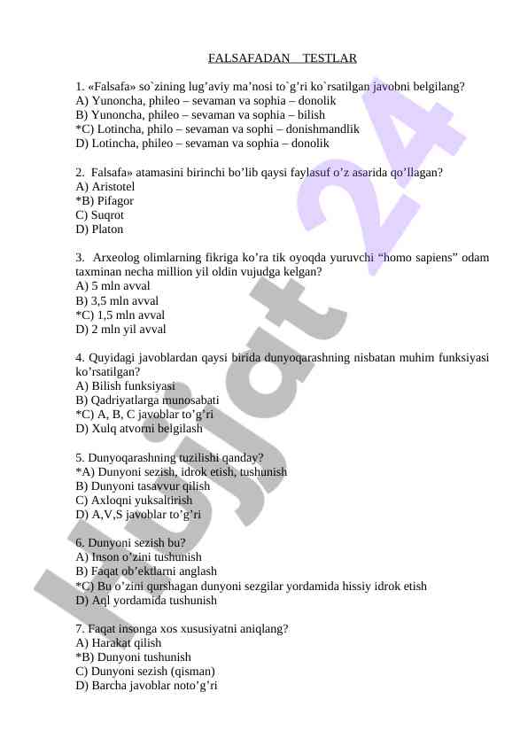 Falsafadan testlar va tafsilotlar