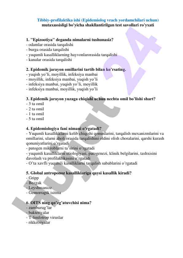 Tibbiy-profilaktika ishiga doir test savollari